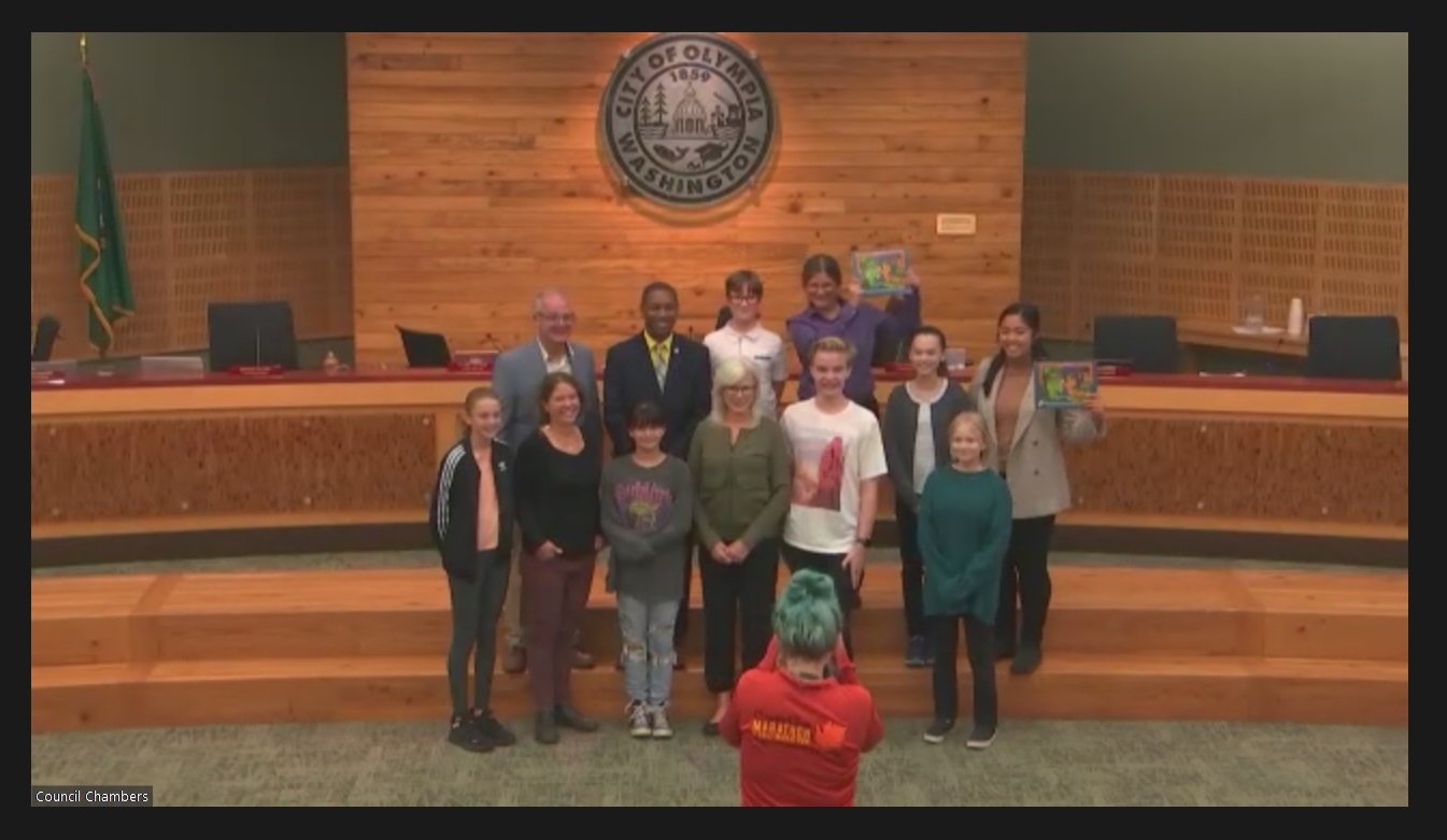 The Olympia City Council recognized 13 students whose artworks were selected for inclusion in the 2023 Water Resources Stewardship Through Art calendar on October 18, 2023.